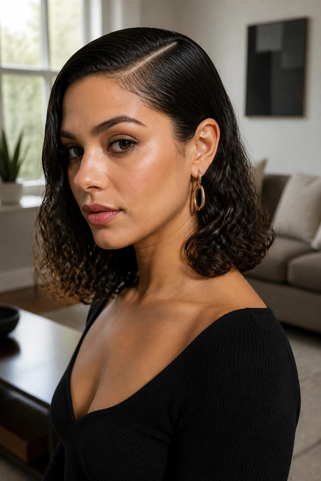 Medium close-up of a real woman with a slicked side part and curly ends
