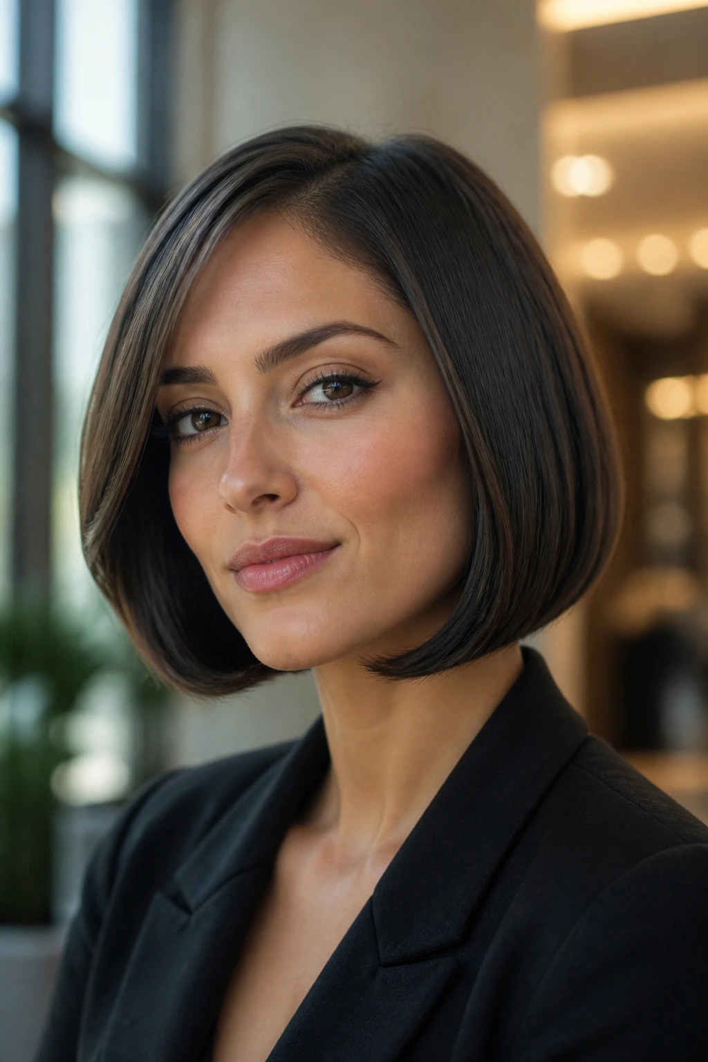 Close-up of a woman with slicked-under ends bob in an office lobby.