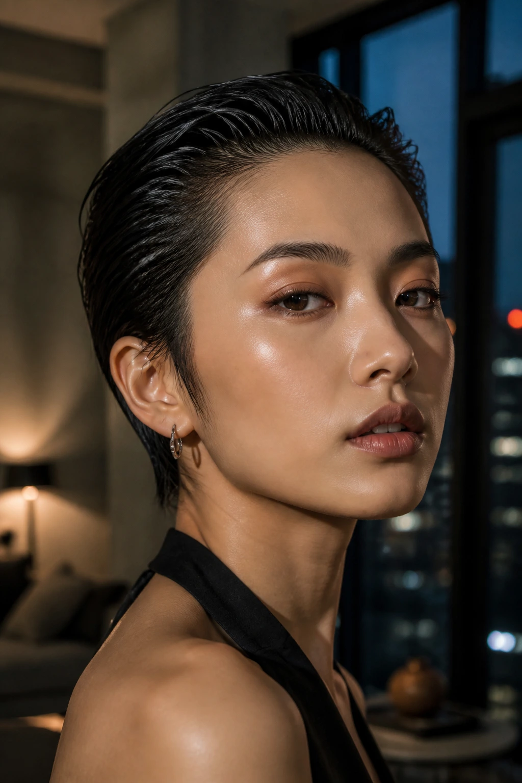 Portrait of a person with a slicked-back wet look crop in an urban loft