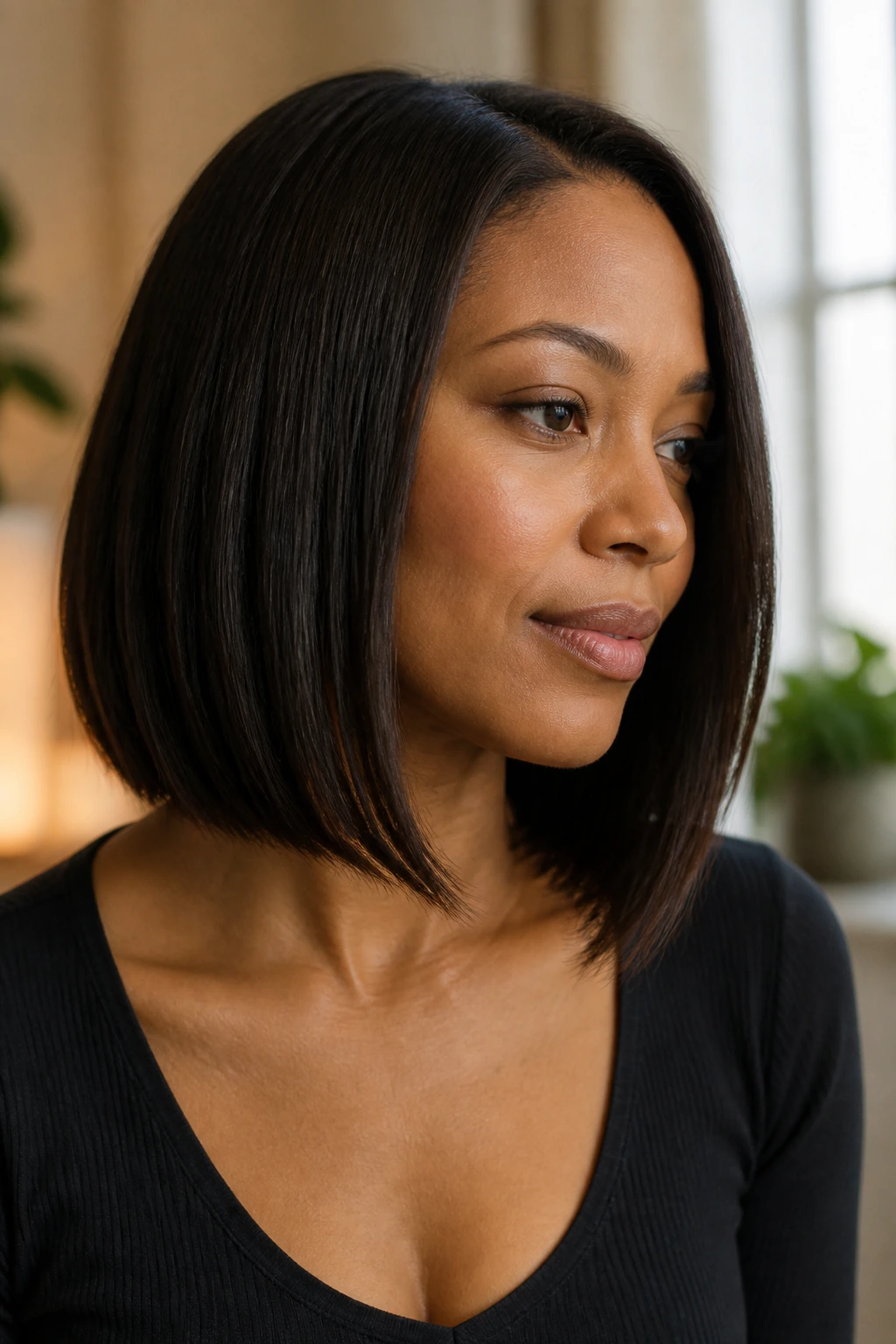 Real woman with a slight A-line bob in a close-up portrait.
