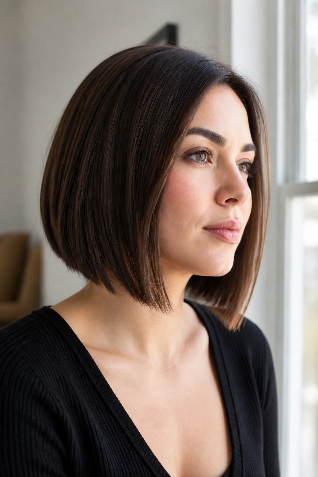 Portrait of a woman with slight A-line bob.
