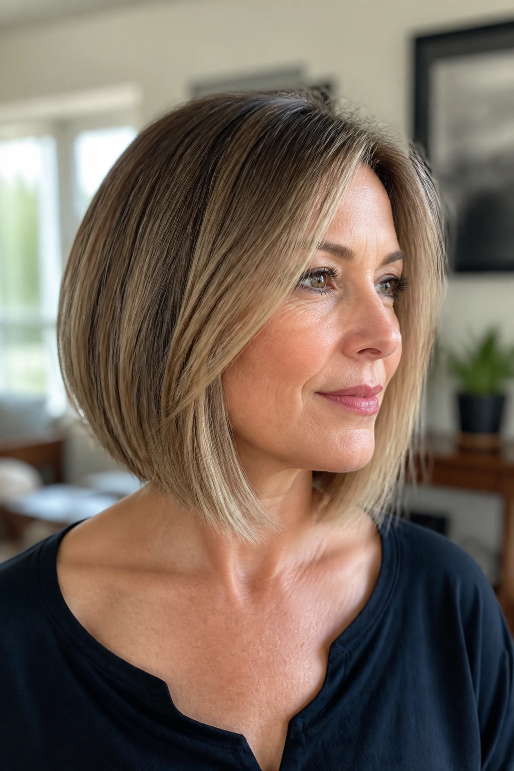 Portrait of a woman with a slight A-line lob showing a longer front and shorter back