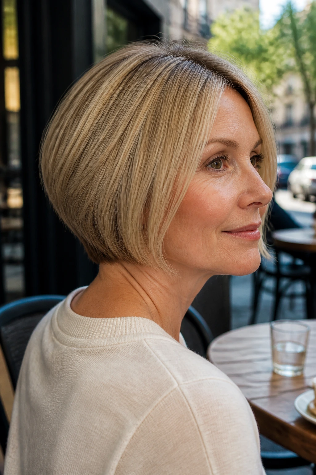 Close-up portrait of a real woman with a slight-stack bob showing back lift