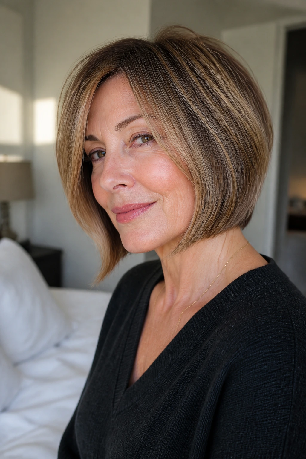 Close-up portrait of woman with slightly angled layered bob in morning light