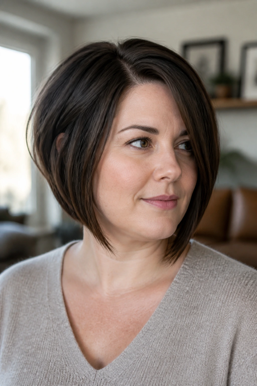 Close-up portrait of a real woman with a slightly longer bob side and thick hair in natural window light