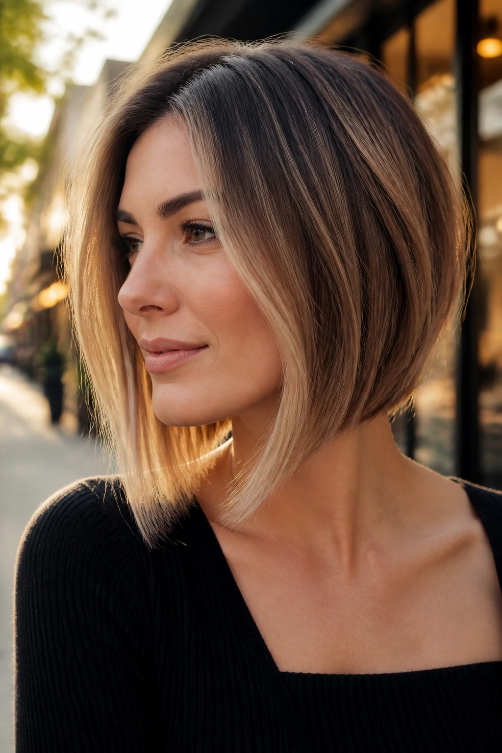 Close-up portrait of a real woman with slightly stacked lob hairstyle in an urban golden-hour setting