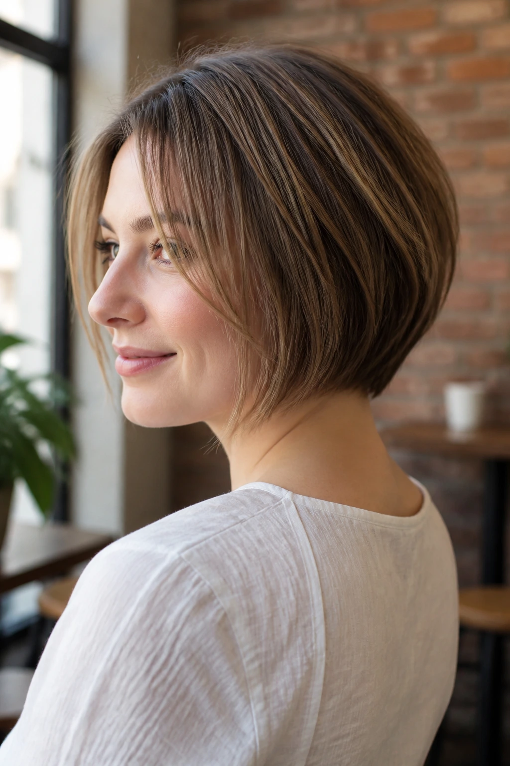 Close-up of a real woman with a chin-length bob and subtle nape stack