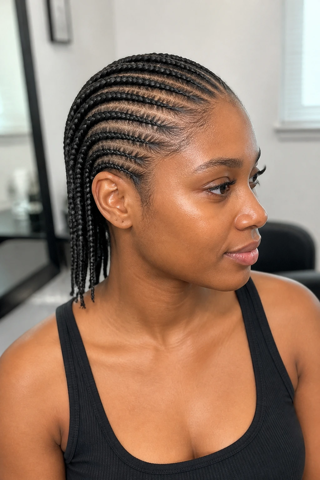 Close-up of a real woman with multiple slim straight-back braids from the front hairline to the nape