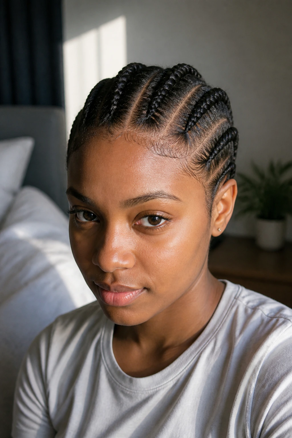 Close-up of a real person with four slim Dutch braids on short fine hair