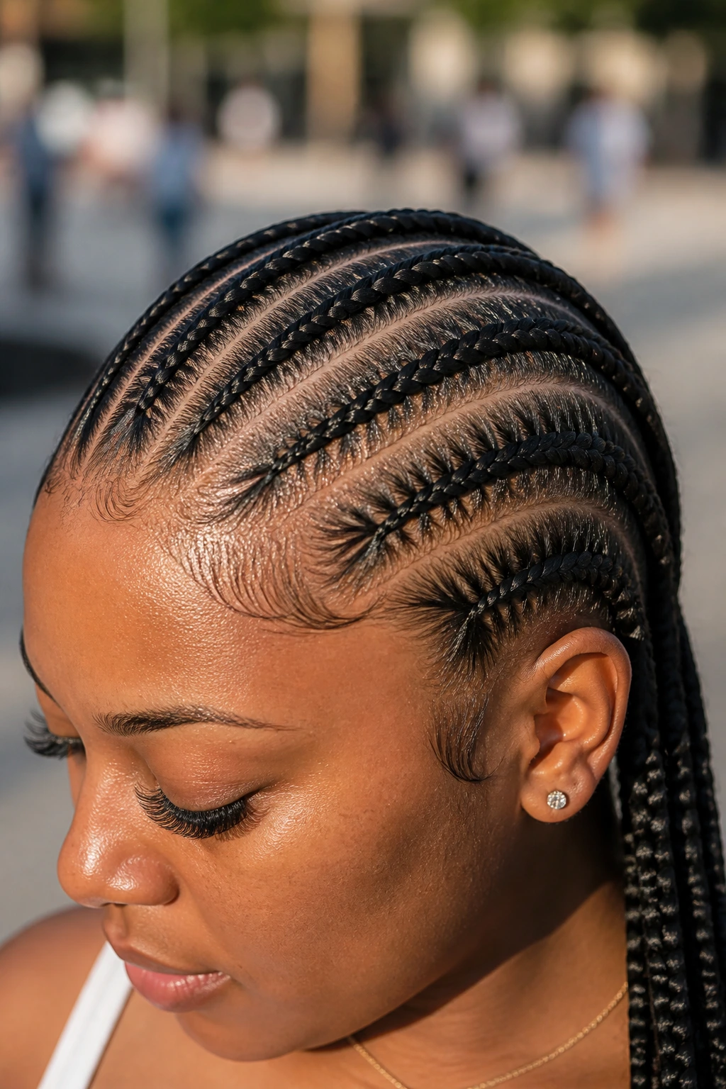 Real woman with multiple slim feed-in French braid rows near the scalp