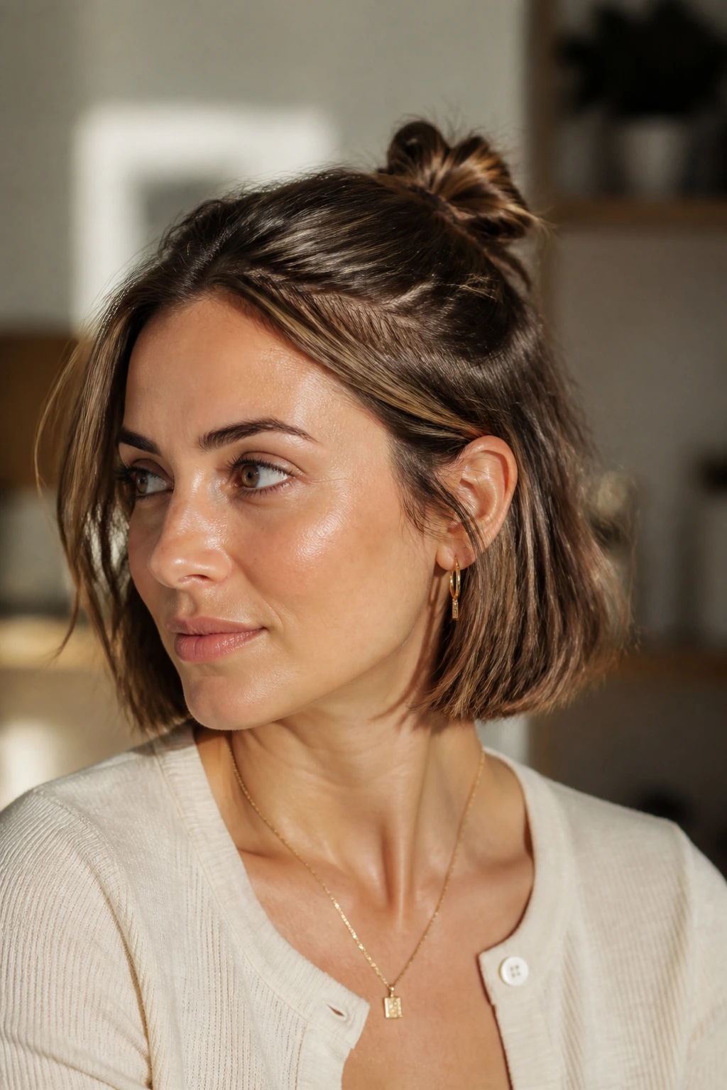 Close-up of a small compact half-up bun on a real person