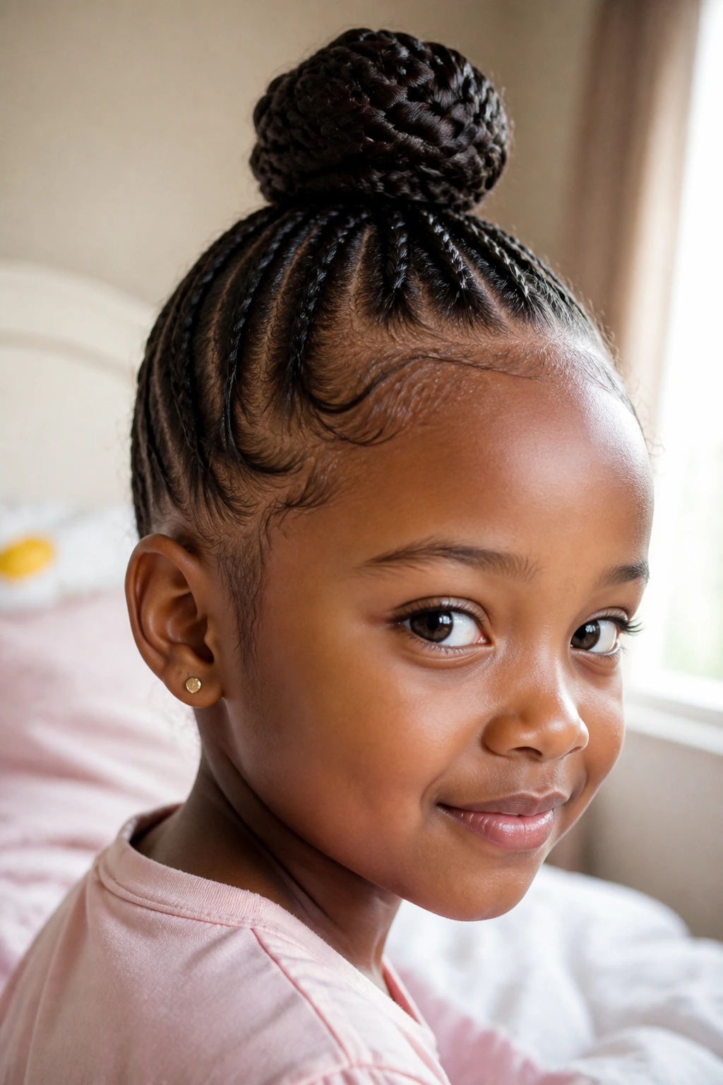 Close-up of a real child with a compact crown bun on fine hair