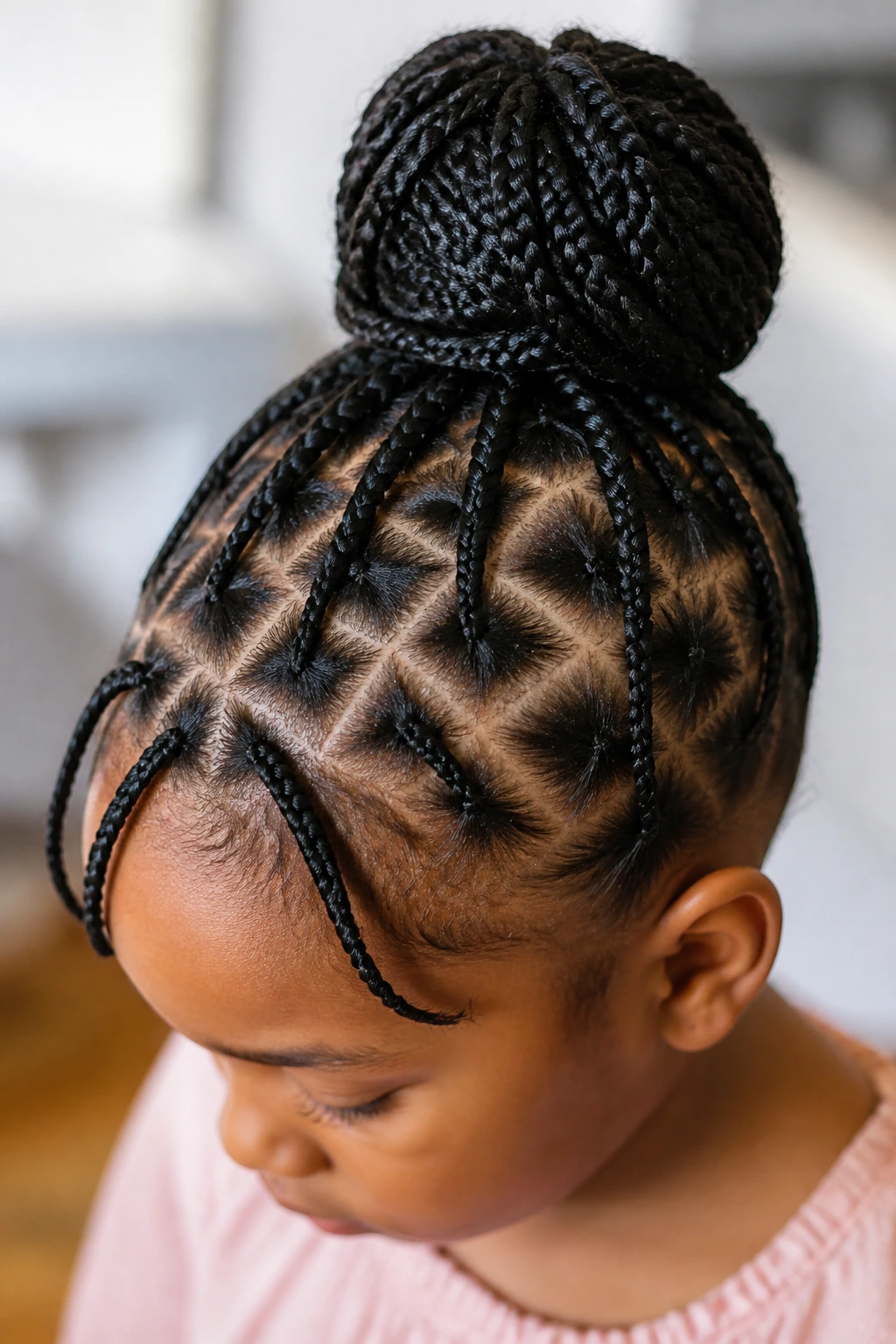 Close-up of a real child's scalp with tiny square parts and gentle tension