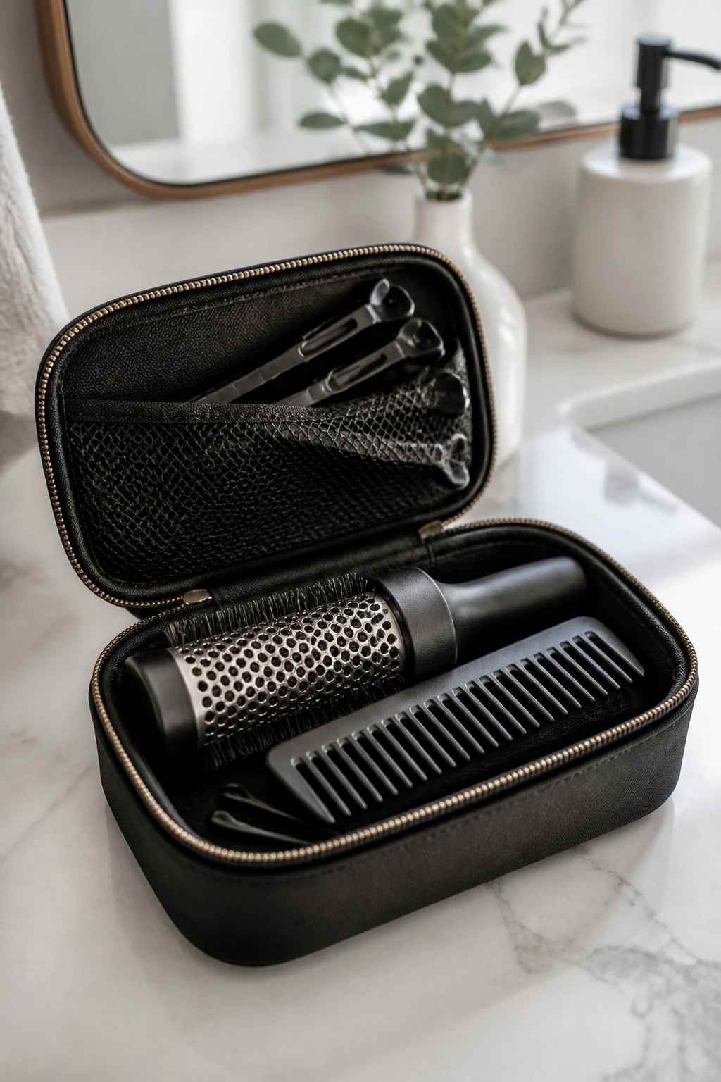 Close-up of a small tool kit placed on a vanity