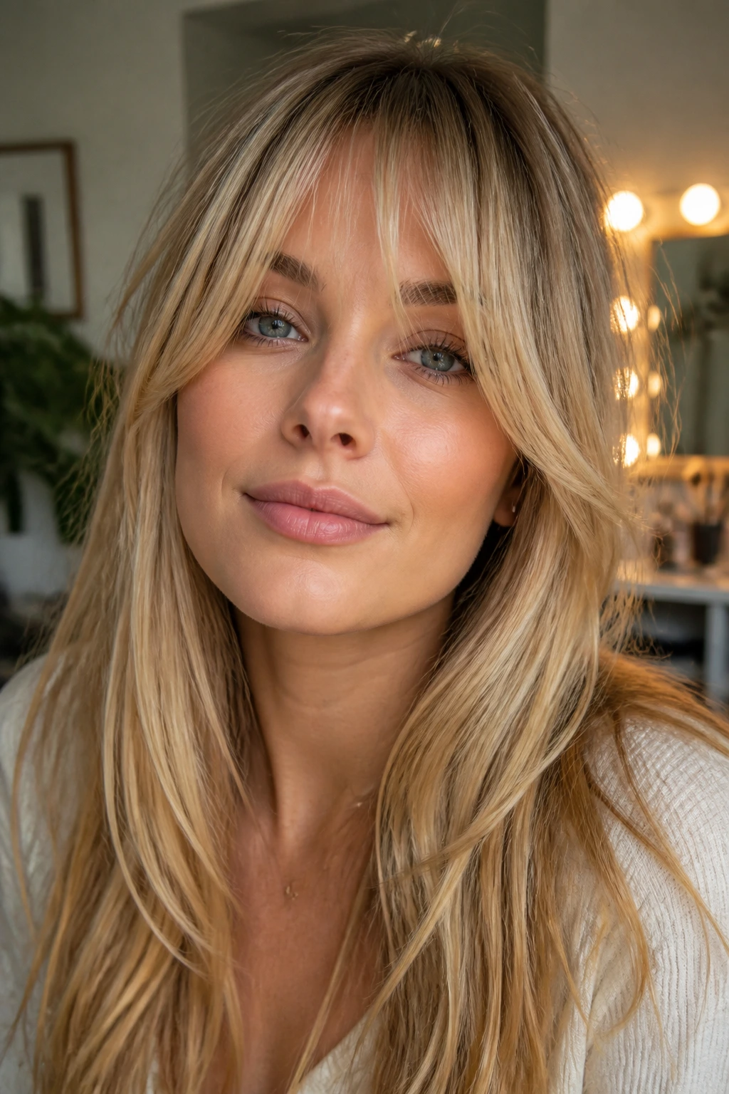 Real woman with neatly styled blonde bangs demonstrating smart styling moves