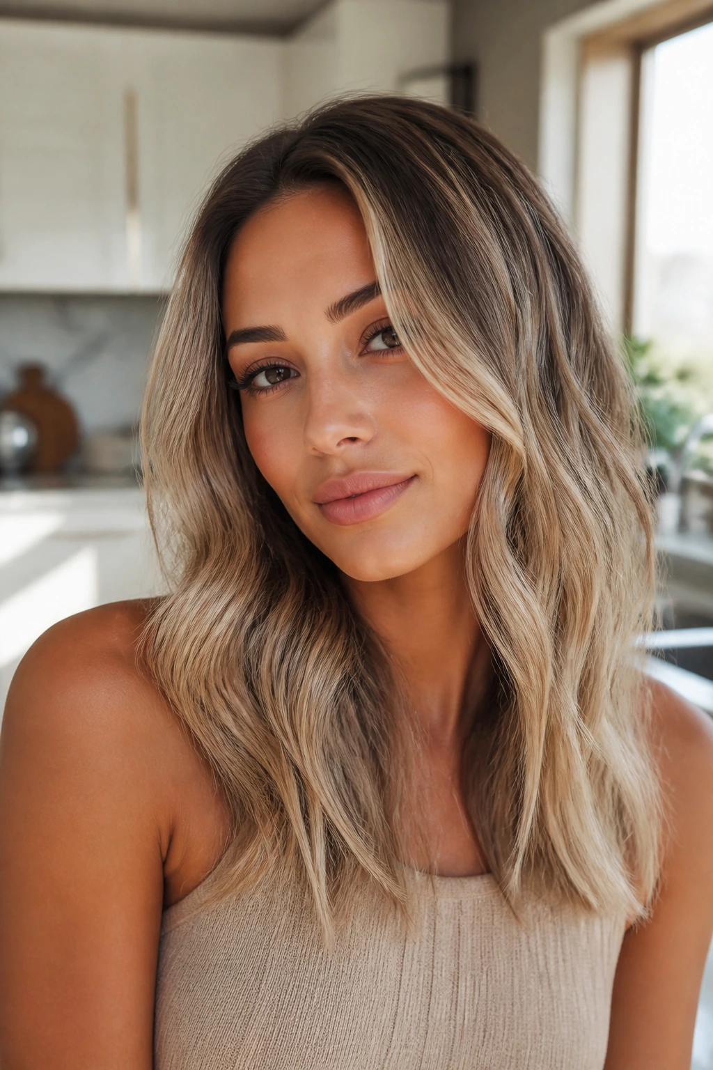 Portrait of a real woman with olive undertones wearing champagne/mushroom blonde
