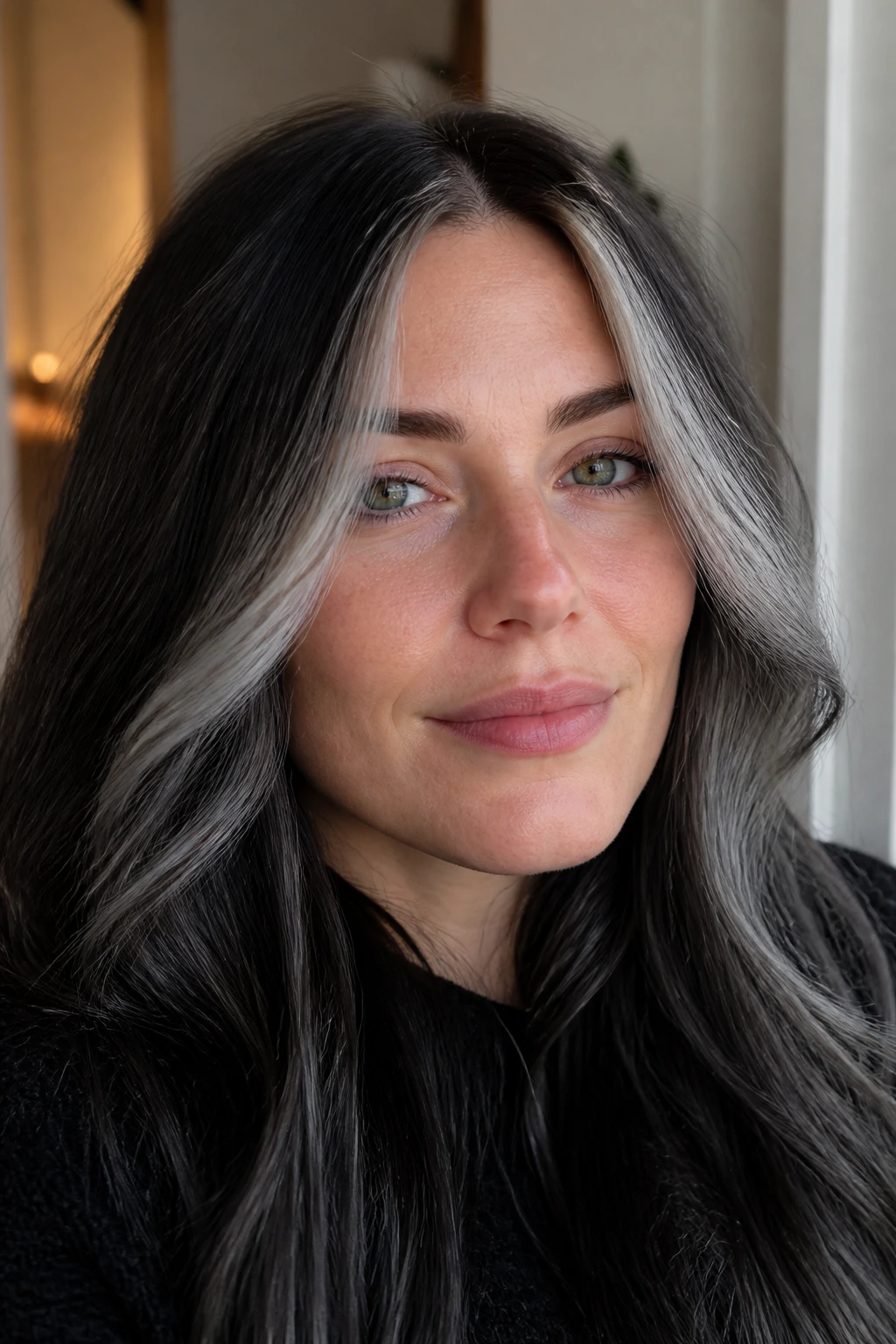 Close-up of a real woman with a smoke and ash face frame highlighting the face