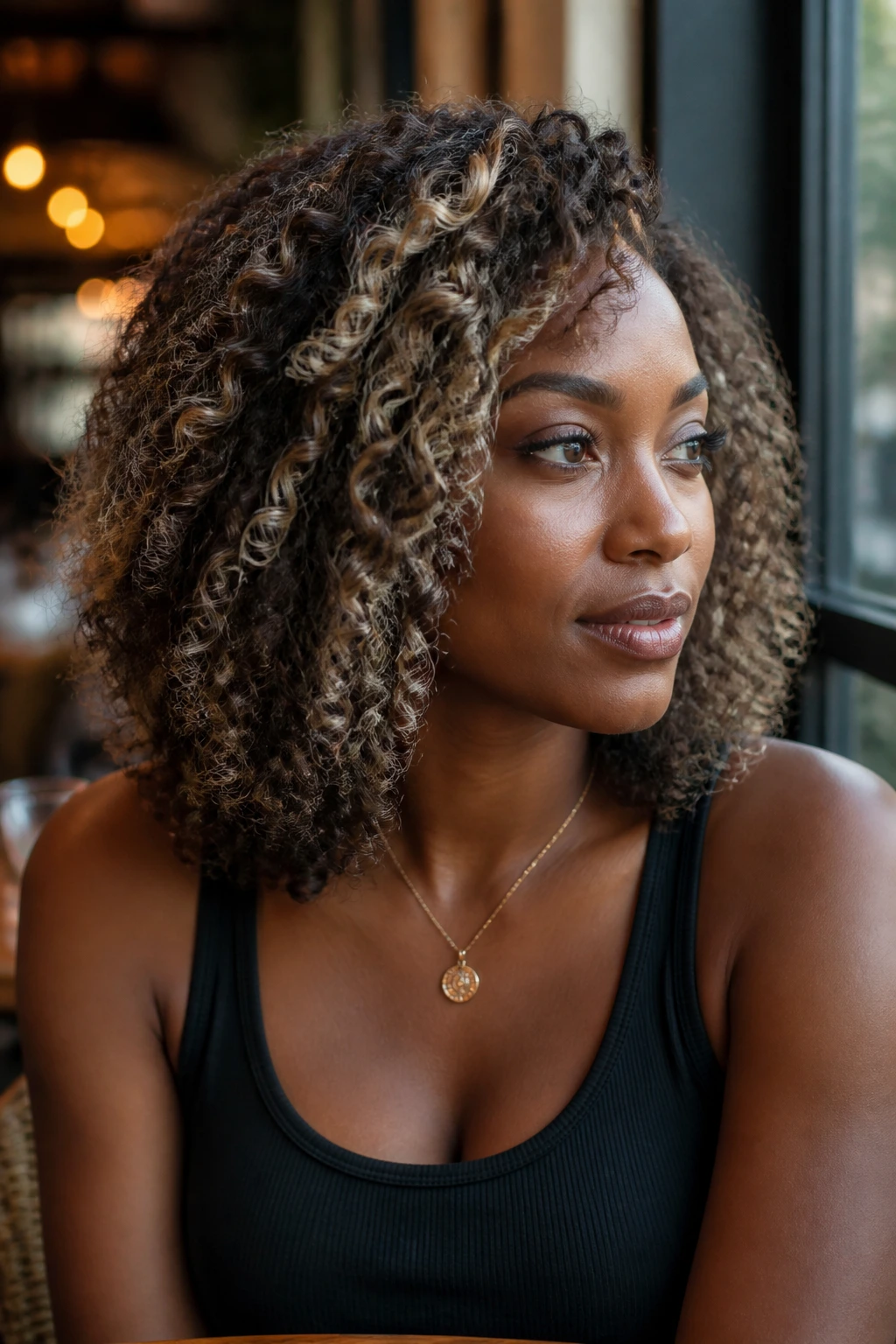 Portrait of a real person with shoulder-length coils and smoky beige highlights.