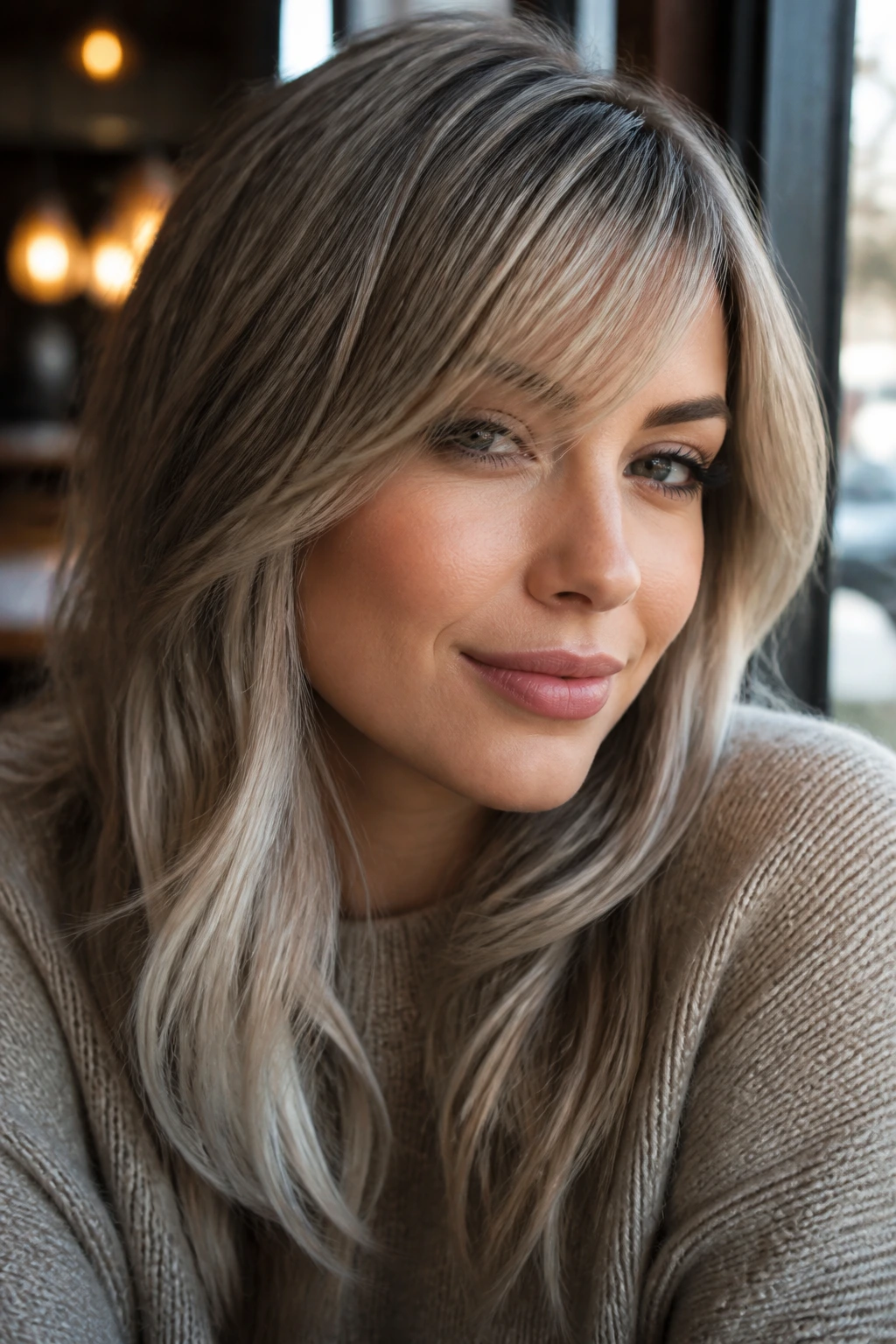Portrait of a woman with smoke blonde contour and side bangs