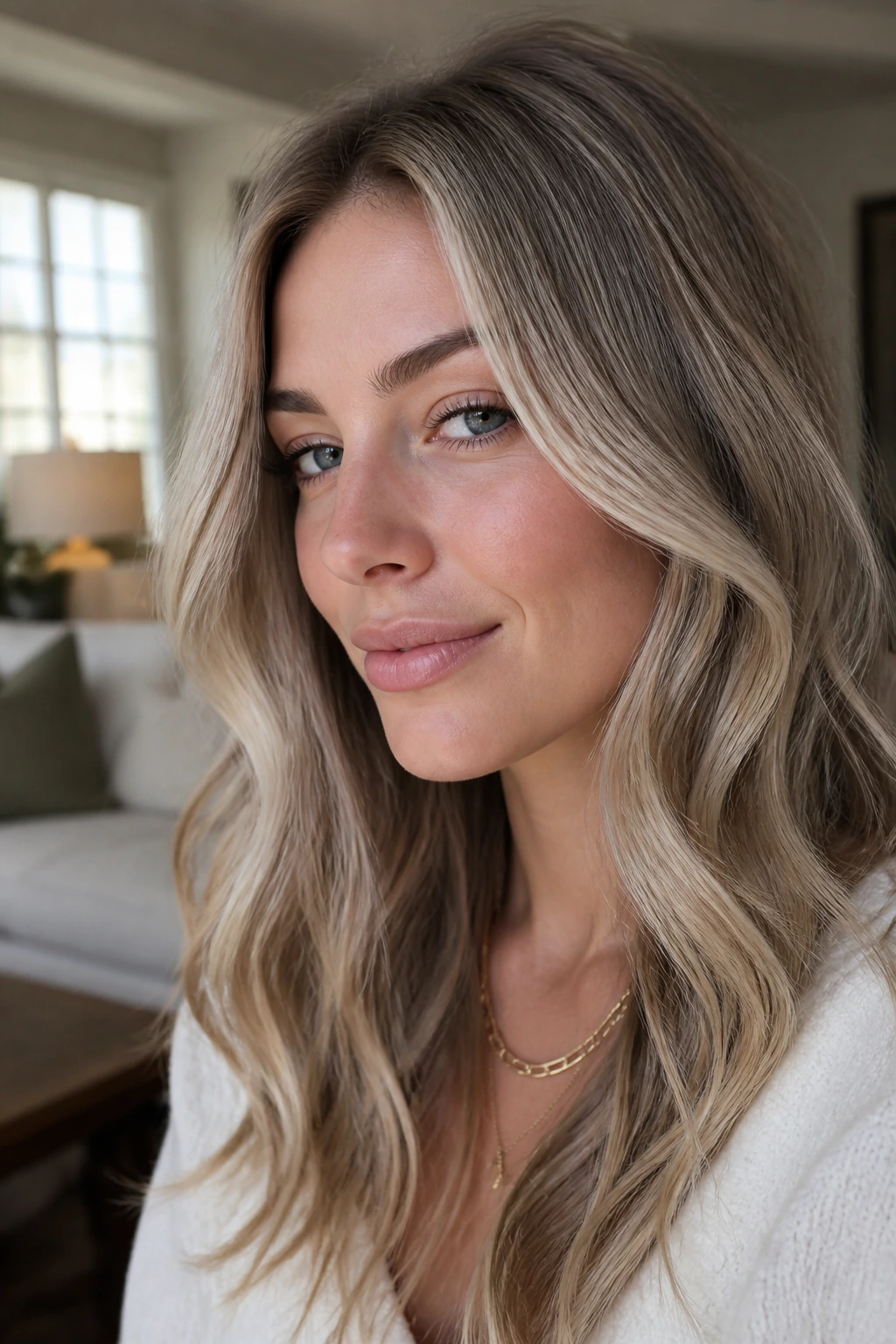 Portrait of a woman with smoke blonde face-framing layers