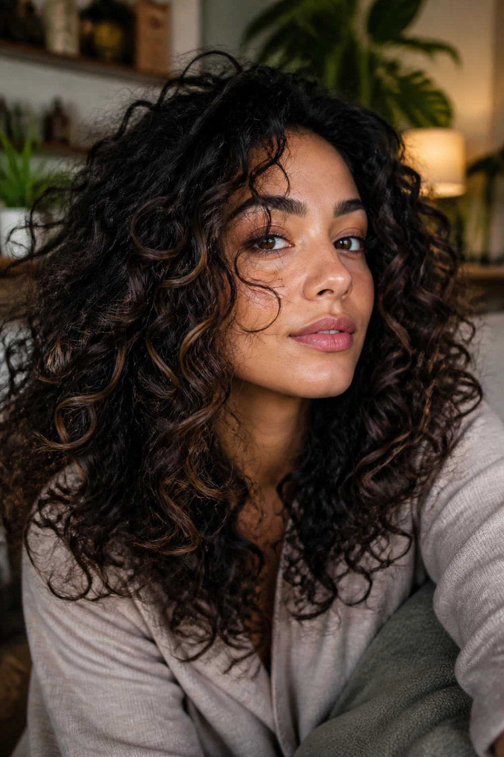 Close-up of curly hair with smoky brown ribbons on olive-skinned woman
