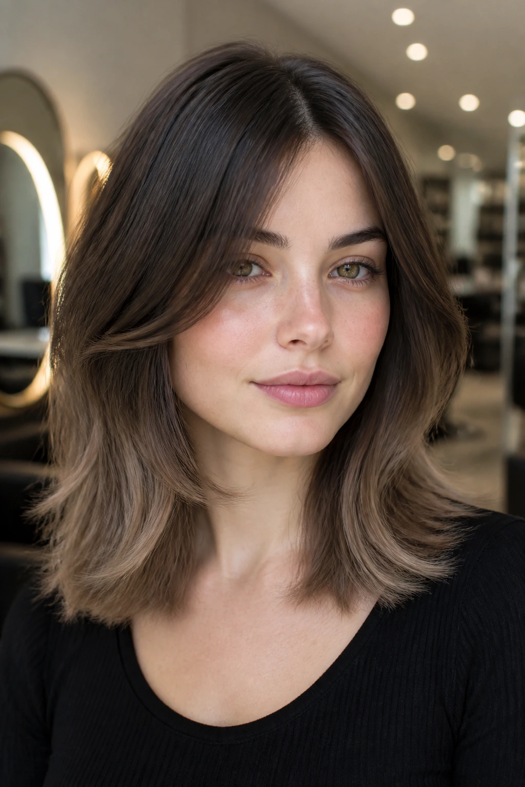 Portrait of a real person with smoke brown glossy-ended hair