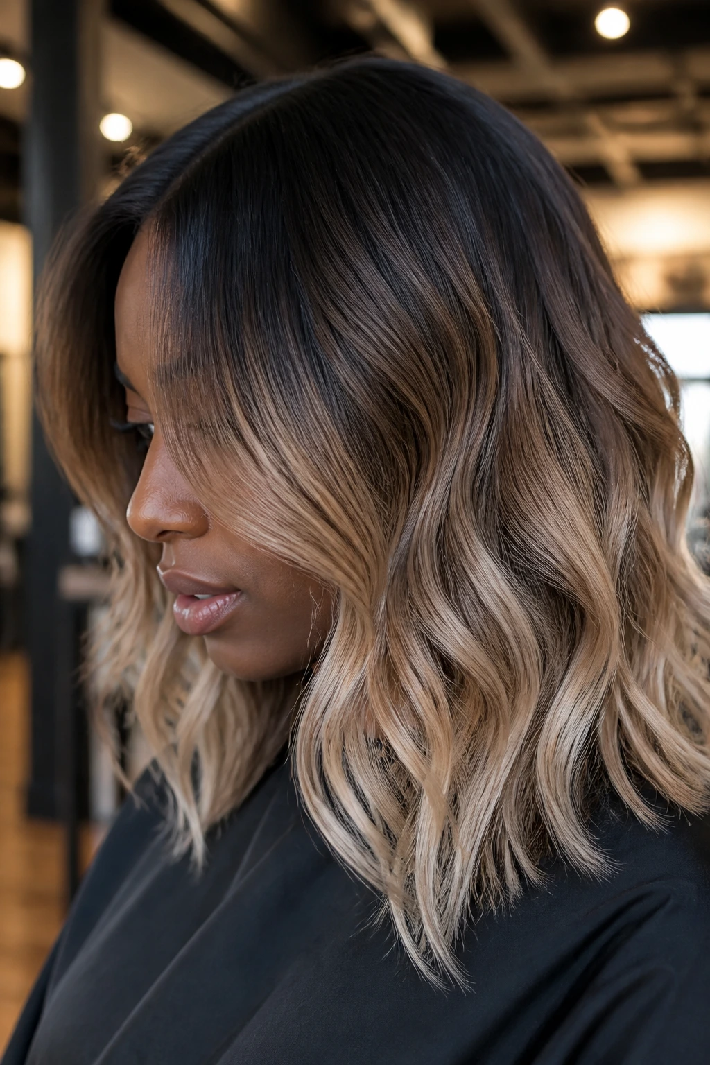 Hair with smoke-to-cream color melt transitioning from cool smoke at top to creamy ends