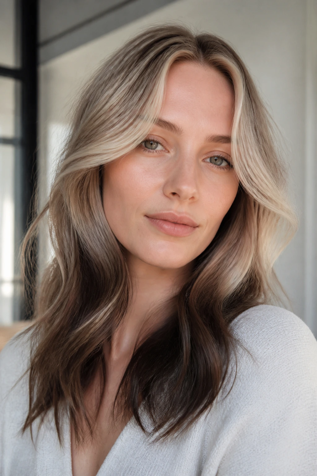 Close-up portrait showing smoke-dipped balayage front pieces framing the face.
