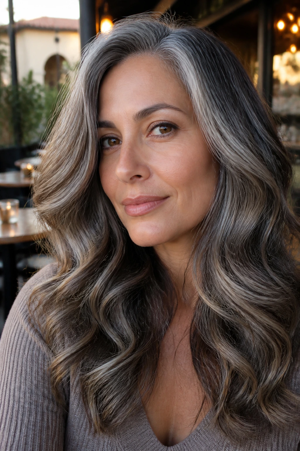 Close-up portrait of a real woman with smoke-glass waves and lowlights on olive skin in golden hour light