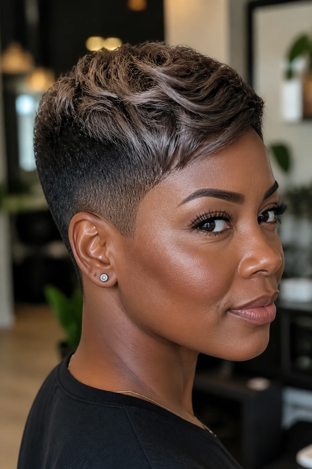 Close-up of a real person with a smoky glaze on a tapered cut under soft ambient light