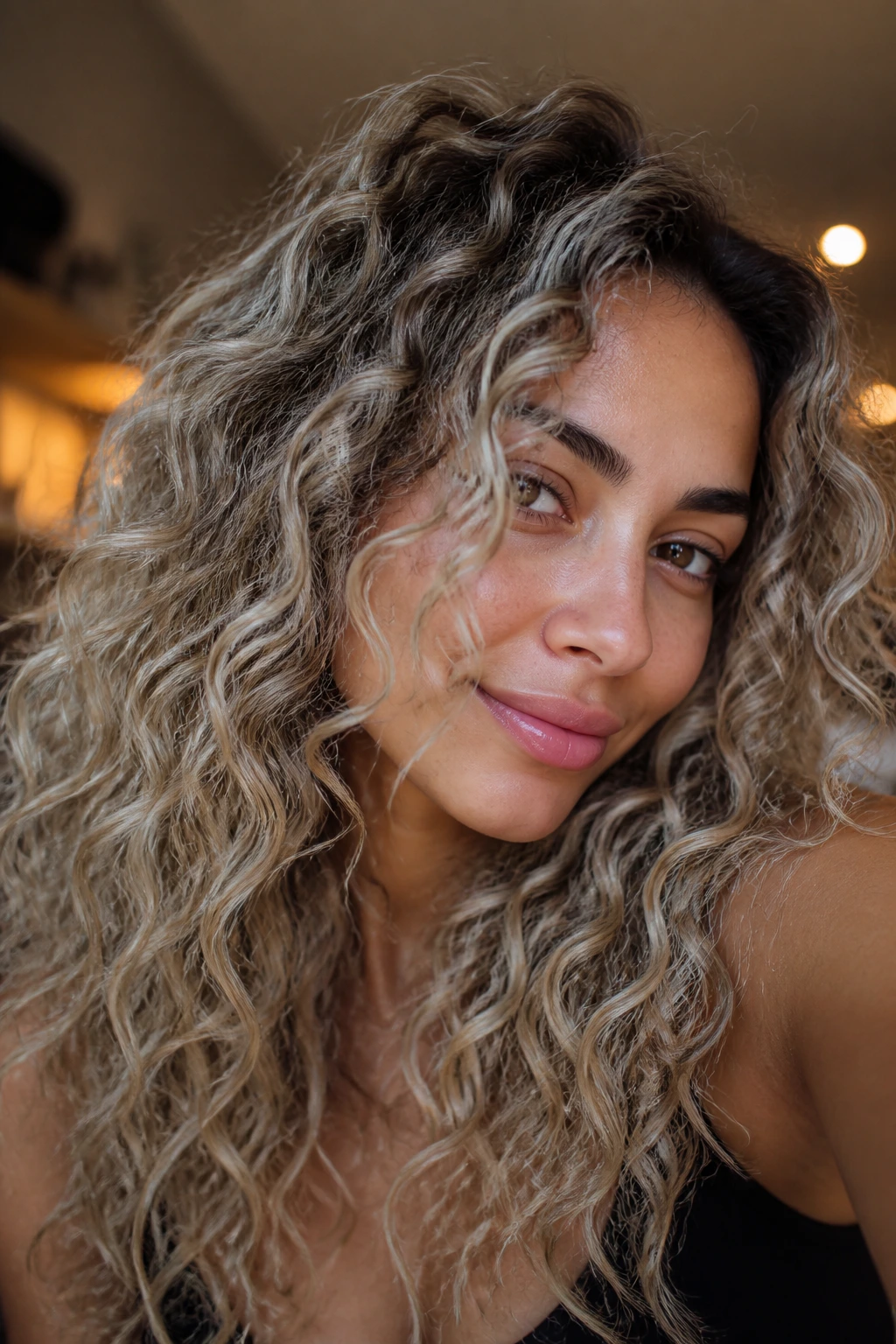 Close-up of a real person with ash-blonde hair showing a smoke gloss