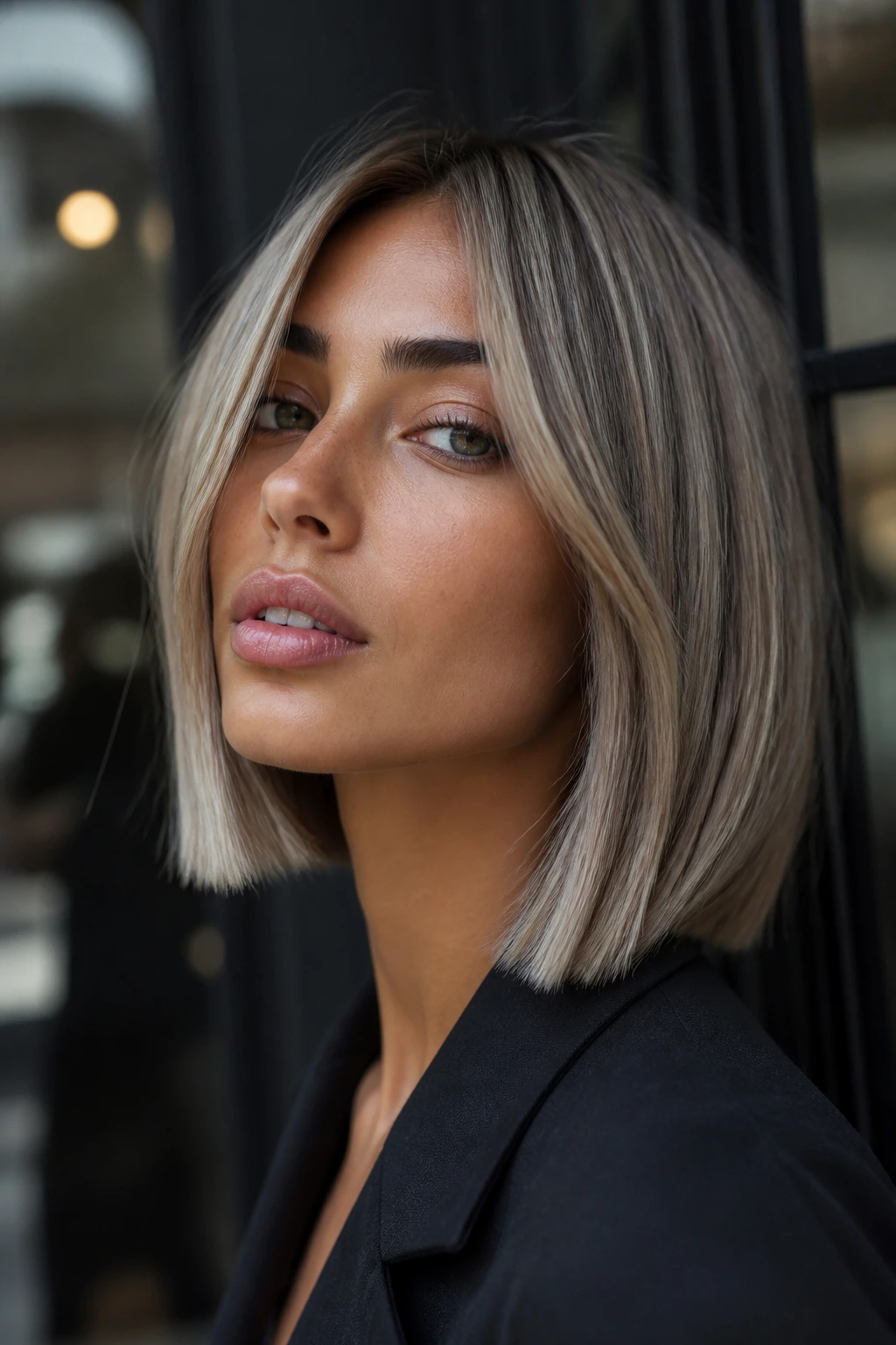 Close-up of a real person with smoke-gray blonde bob