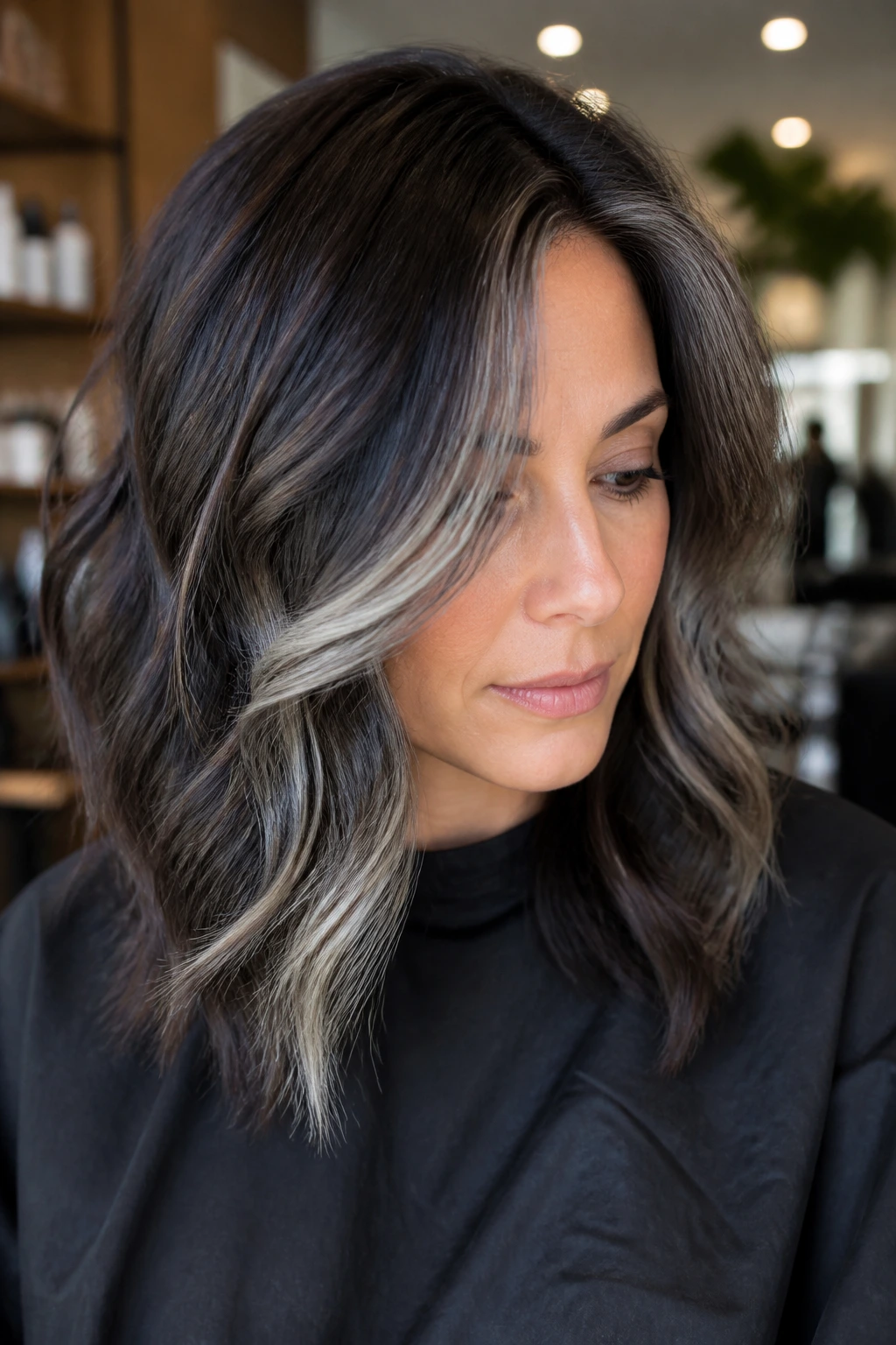 Medium close-up of brunette with smoke-grey variations in a salon