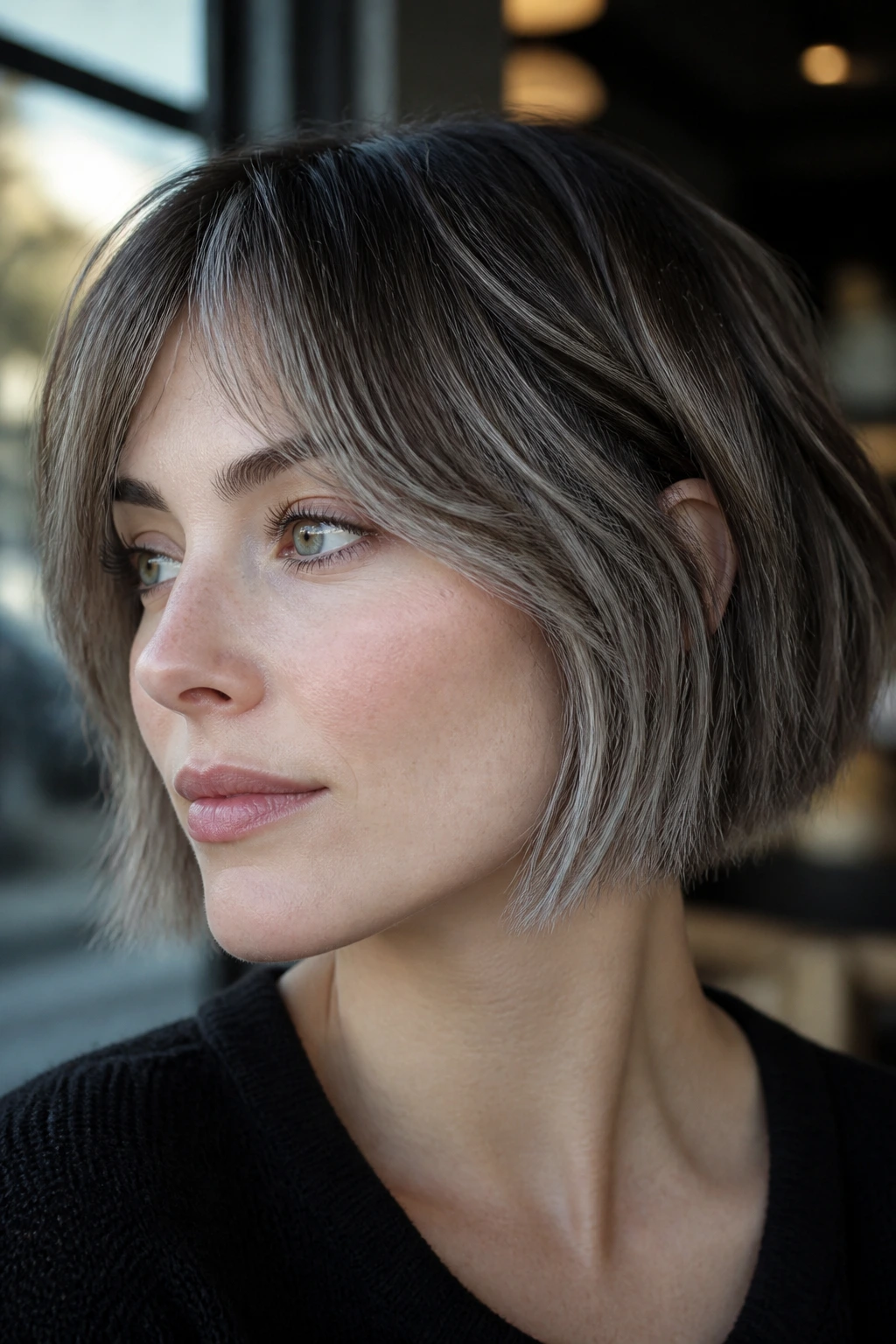 Close-up of a woman with smoke highlights on a French bob