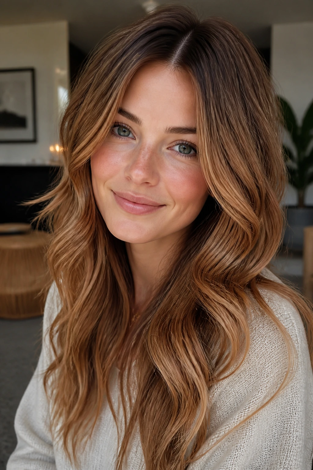 Close-up portrait of a woman with copper-beige balayage and ash-root shadow