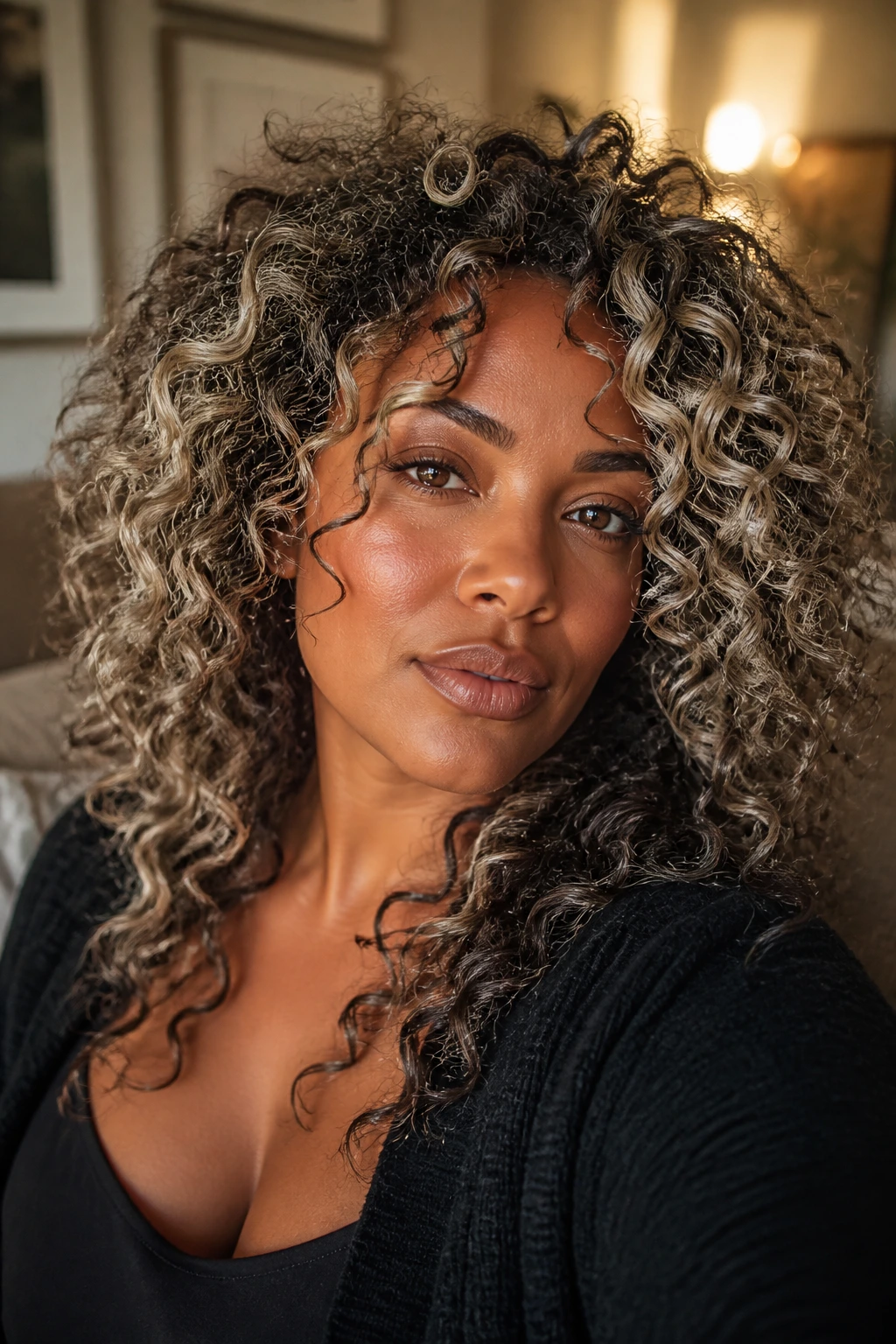 Portrait of a woman with curly hair and ash highlights following the curls
