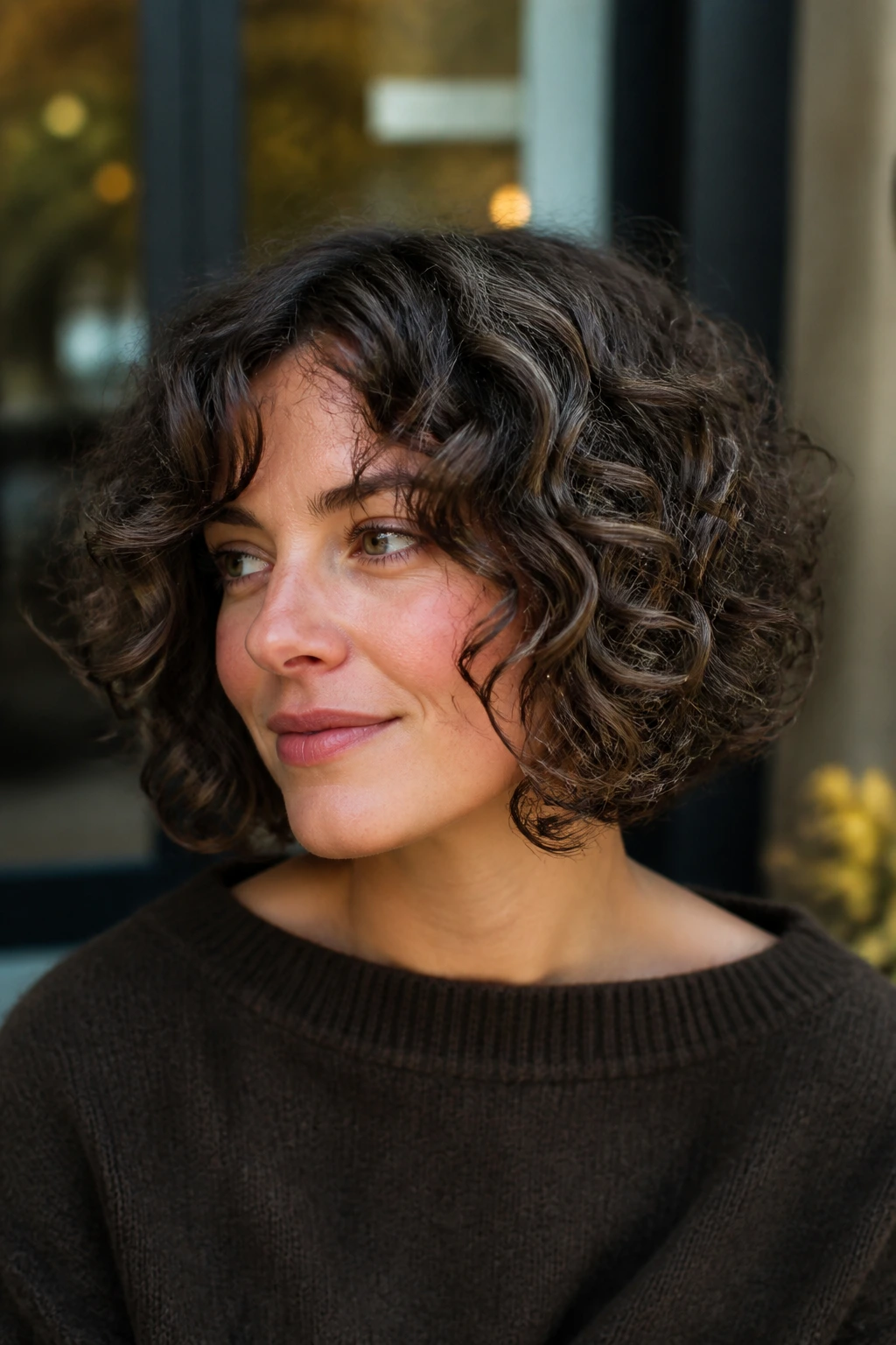 Close-up of a curly brunette bob with smoke-and-mocha lowlights on a real person outdoors.