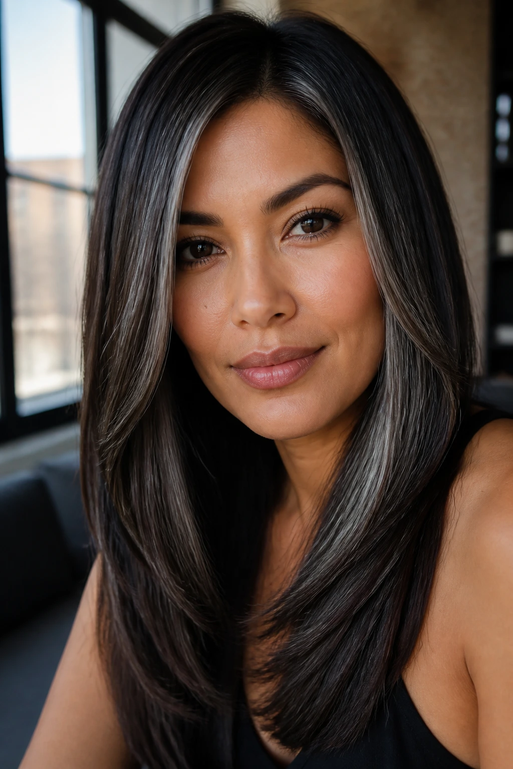 Close-up of a real woman with Glossy Straight Layers With Smoke Ribbon Highlights on tan skin
