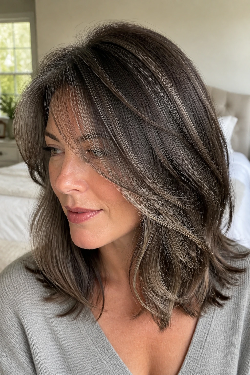 Close-up of a real woman with smoke-and-shadow layered brunette hair in a softly lit bedroom.