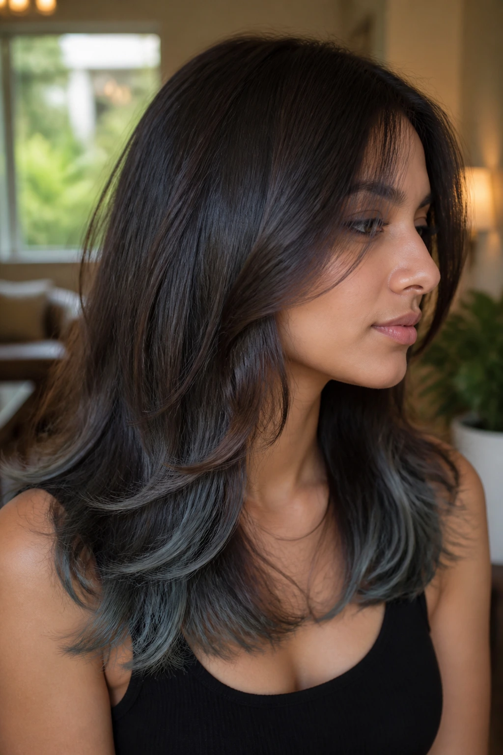 Close-up of a real person with smoky ash-black ends on midlength layered hair.