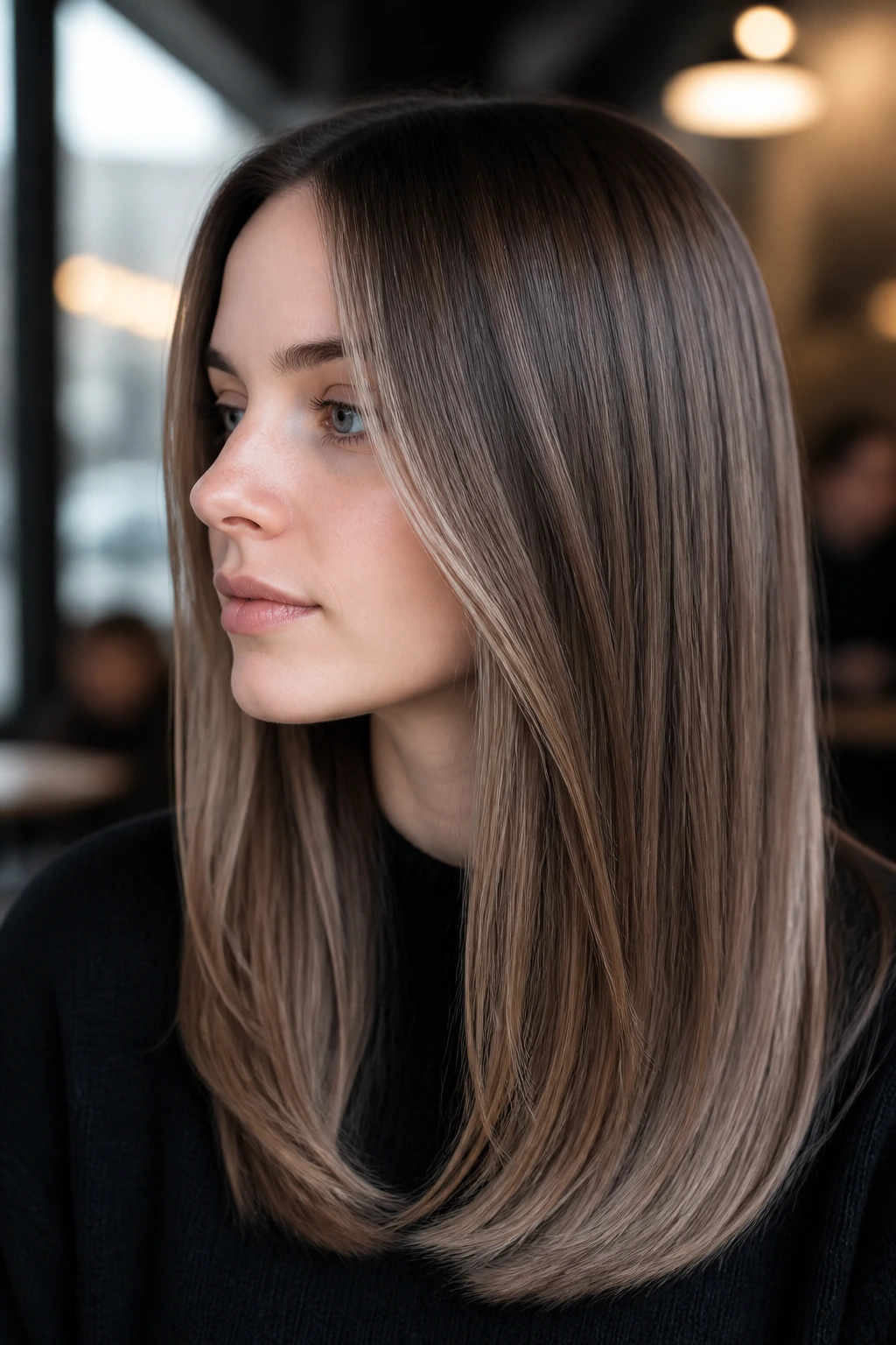 Portrait of a woman with smoke-toned balayage on straight hair