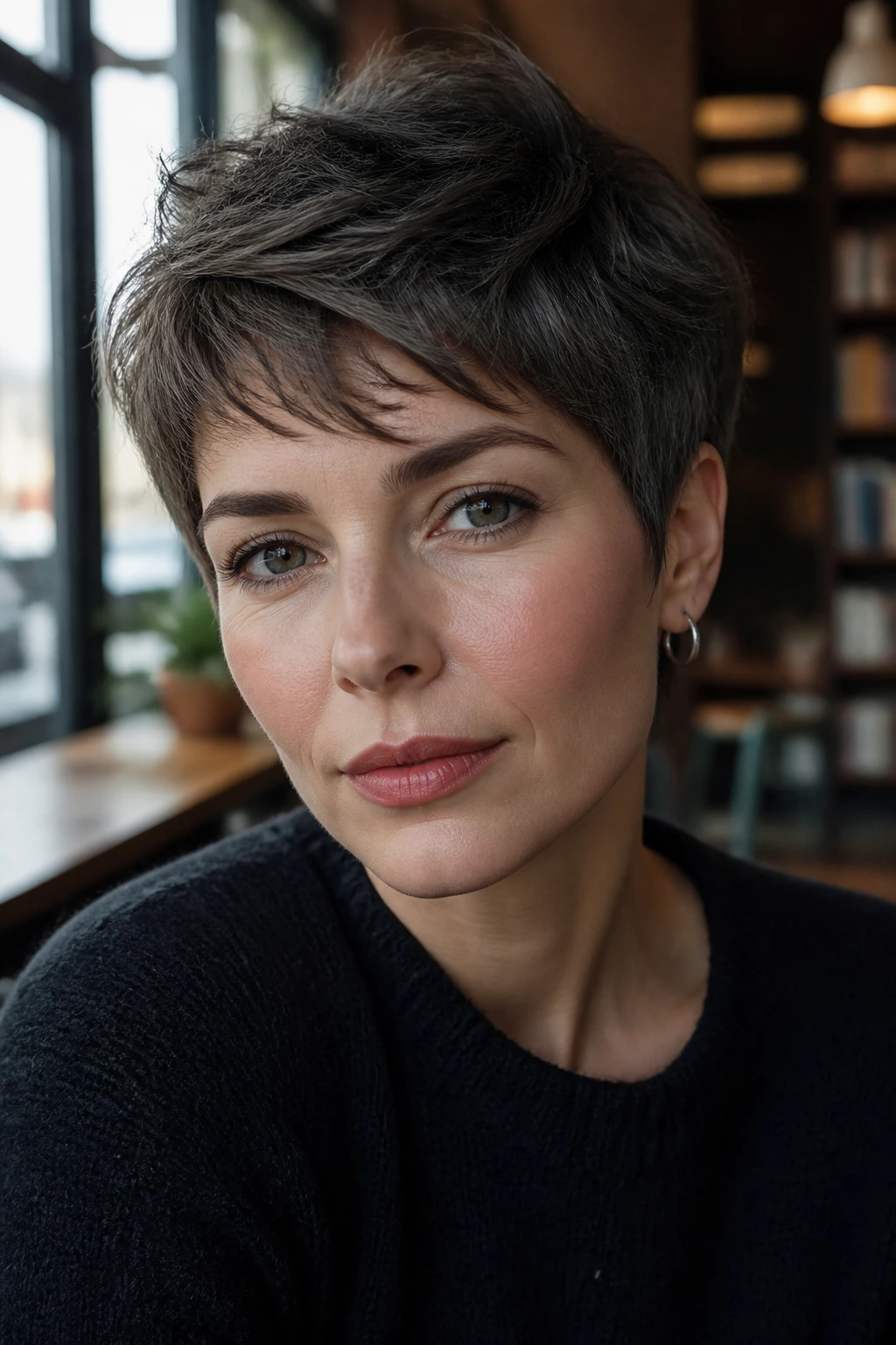 Close-up portrait of smoke-toned pixie haircut on a real person