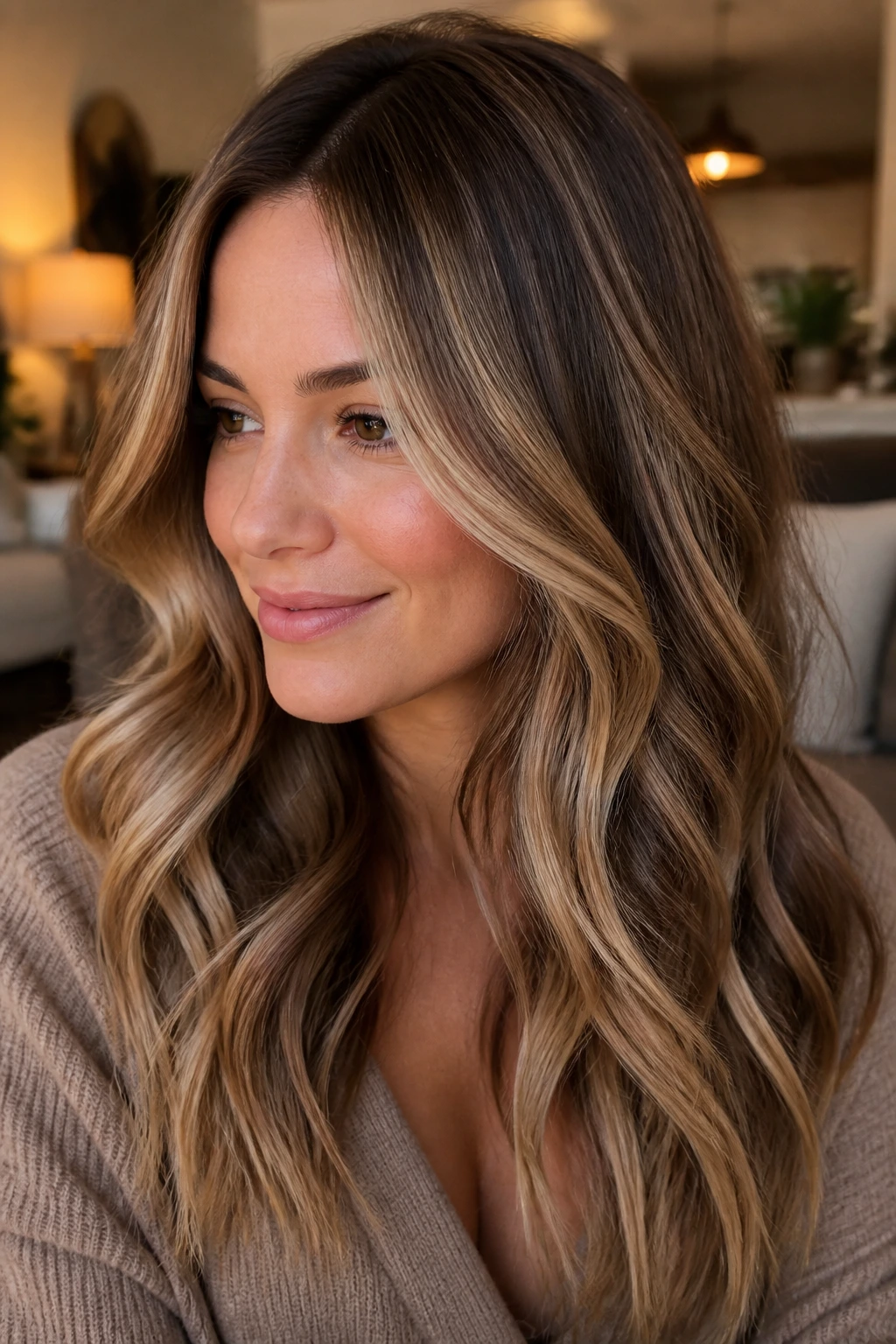 Portrait of a real woman with smoked almond blonde tones.