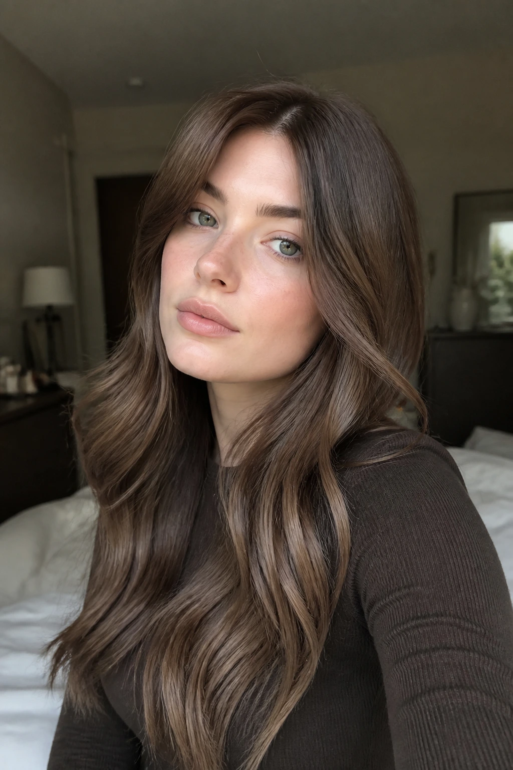 Close-up portrait of real woman with smoked almond hair in a cozy bedroom