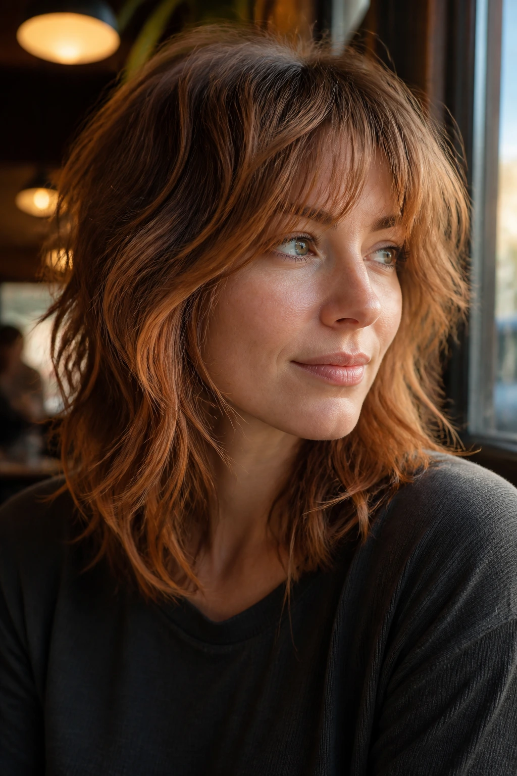 Real woman with smoked apricot shag hairstyle showing layered texture and warm color