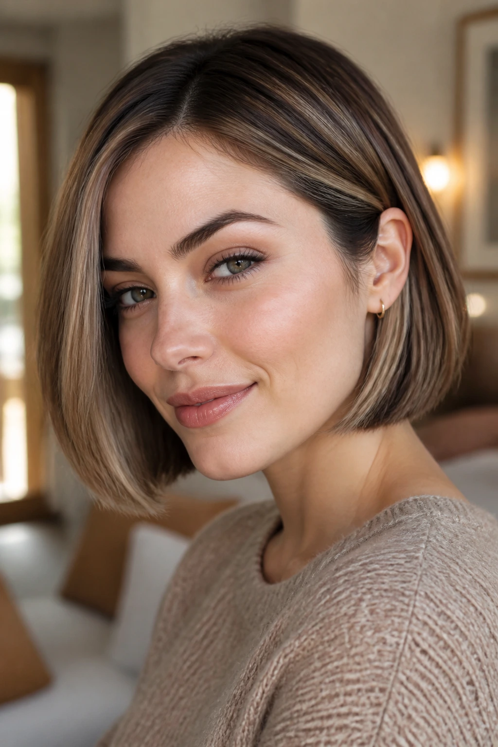 Close-up of a real woman with smoked beige brunette bob and narrow beige highlights
