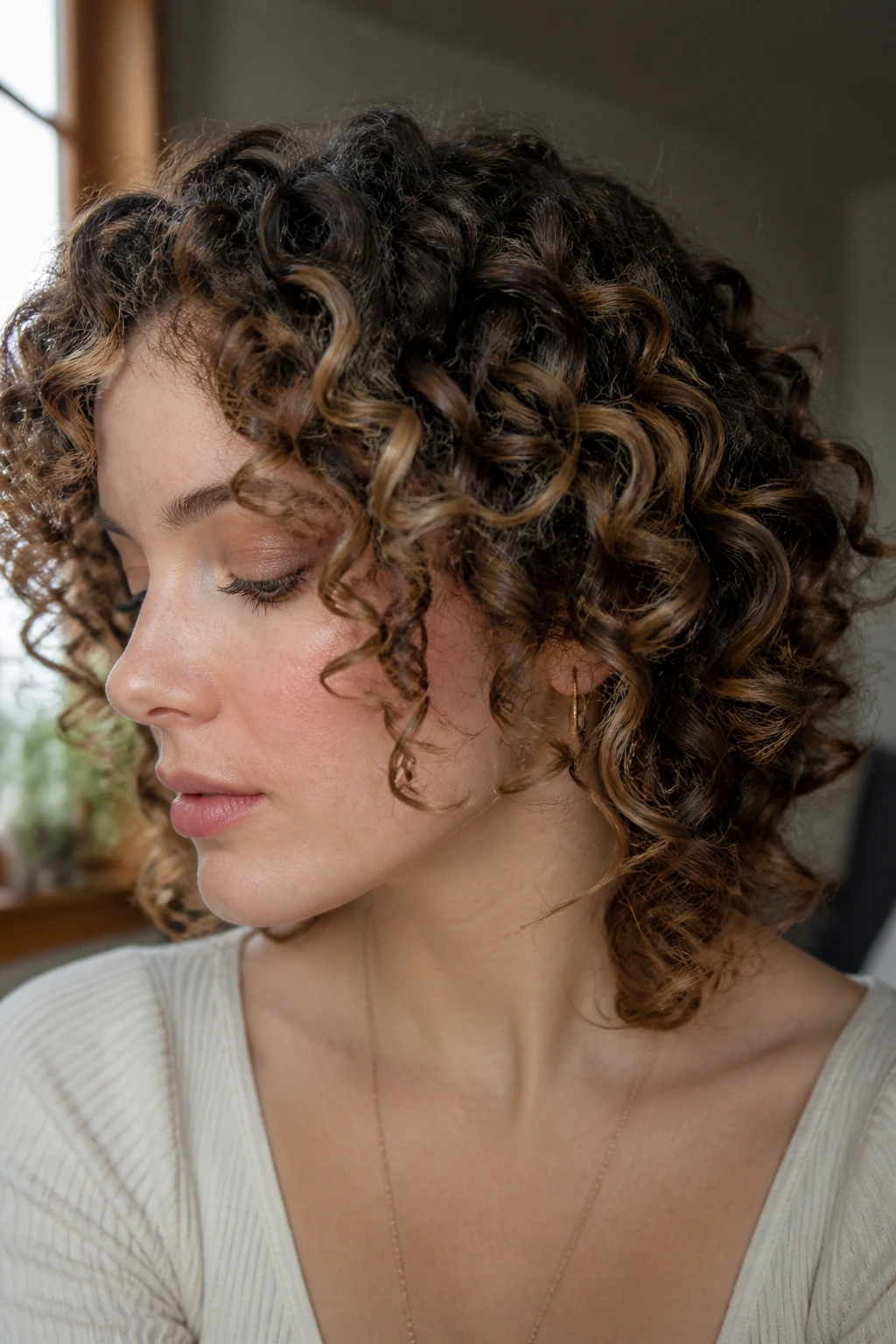 Close-up of curly hair with smoked bronze ribbon highlights around the crown.