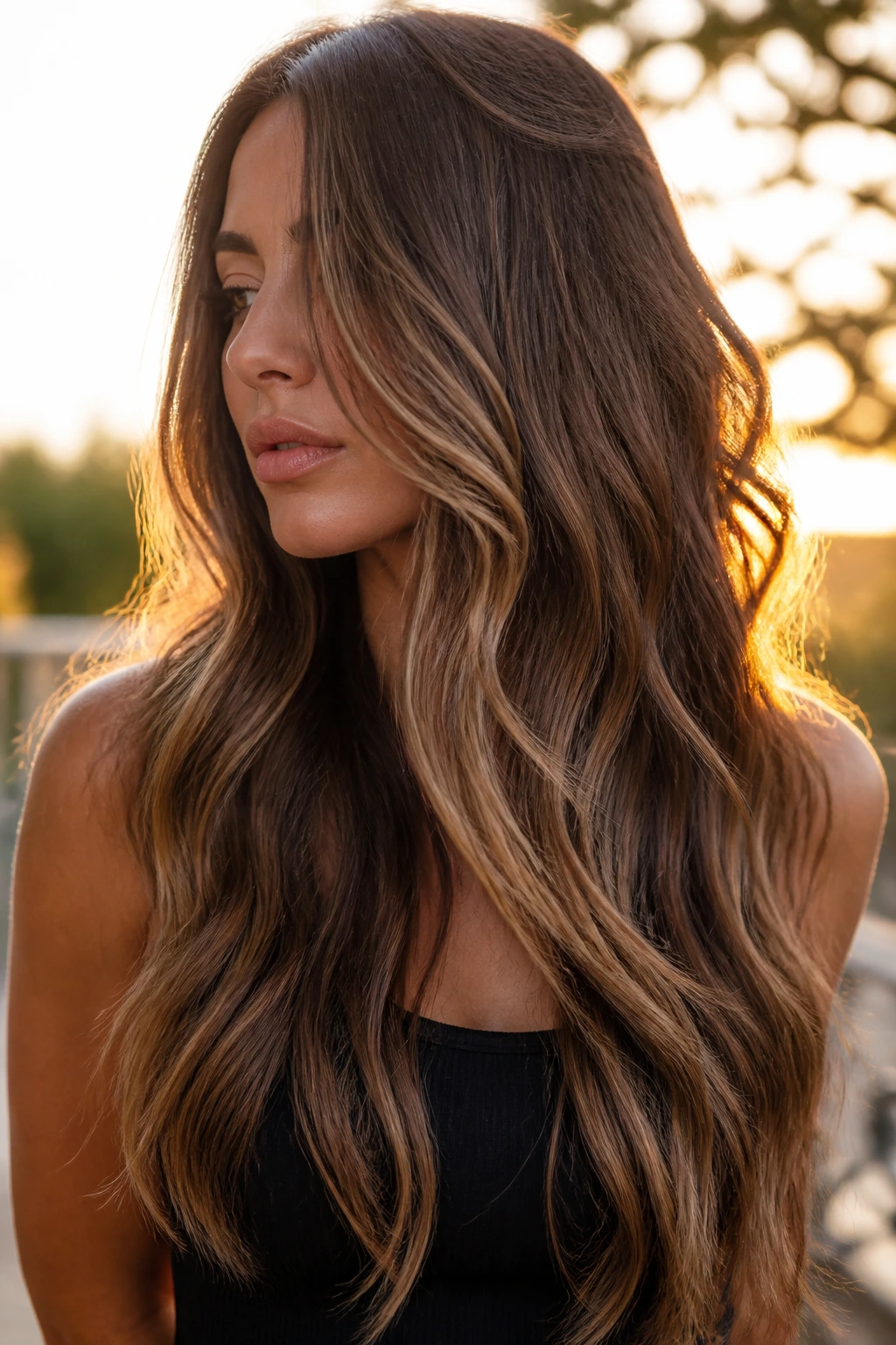 Close-up of a real woman with smoked caramel balayage on long hair in golden hour light