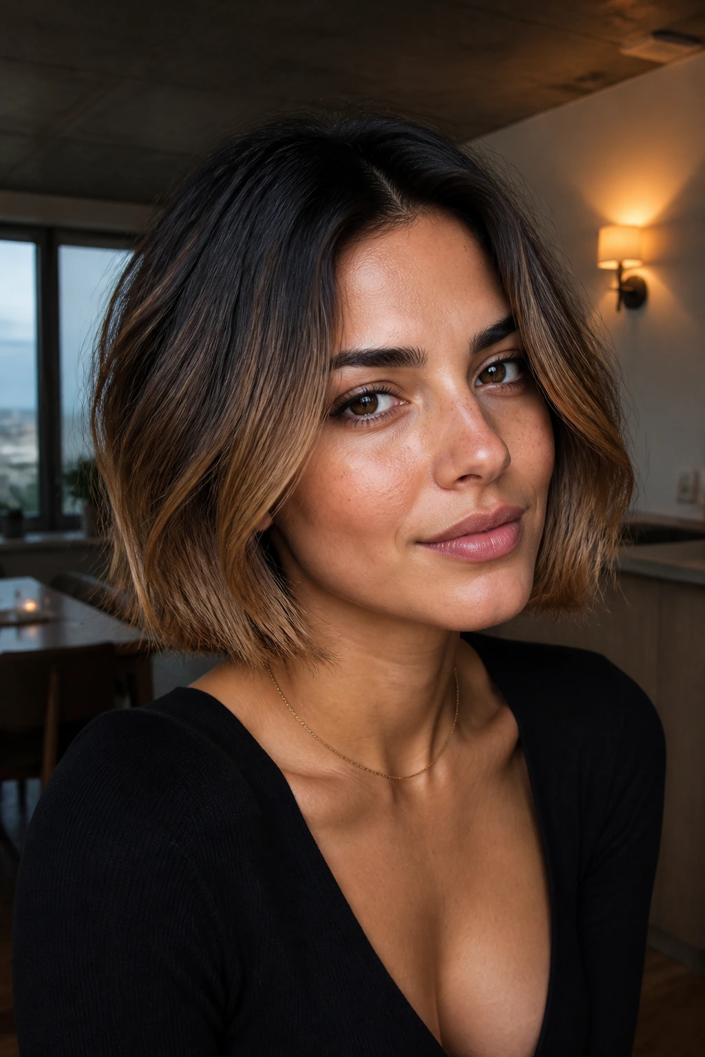 Close-up portrait of a real woman with Smoked Caramel Bob on olive skin in moody light