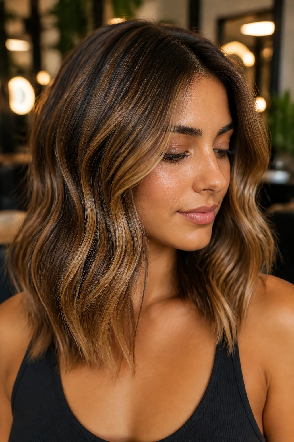 Portrait of a person with smoked caramel and brown lowlights in hair